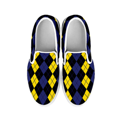 Yellow Black And Blue Argyle Print White Slip On Shoes