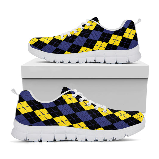 Yellow Black And Blue Argyle Print White Sneakers