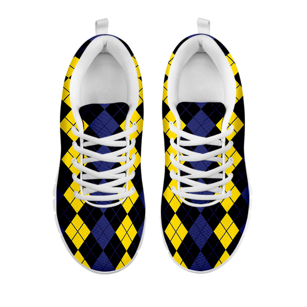 Yellow Black And Blue Argyle Print White Sneakers