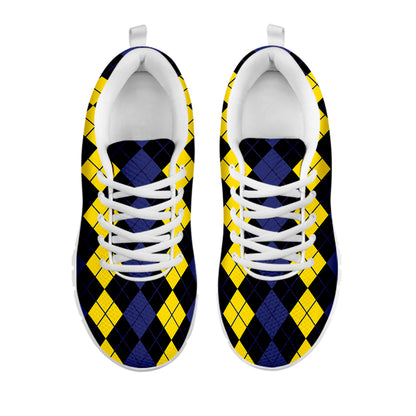 Yellow Black And Blue Argyle Print White Sneakers