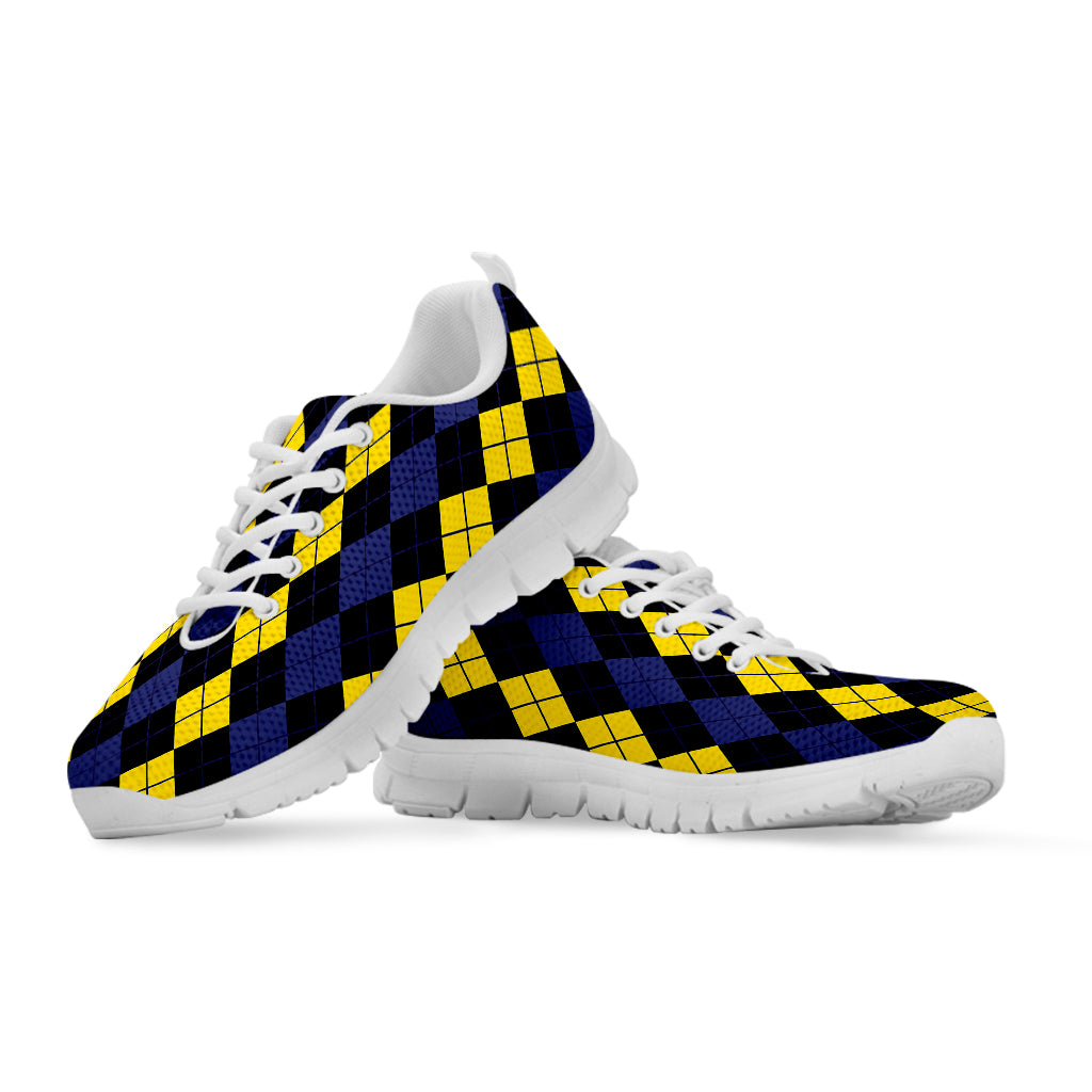 Yellow Black And Blue Argyle Print White Sneakers