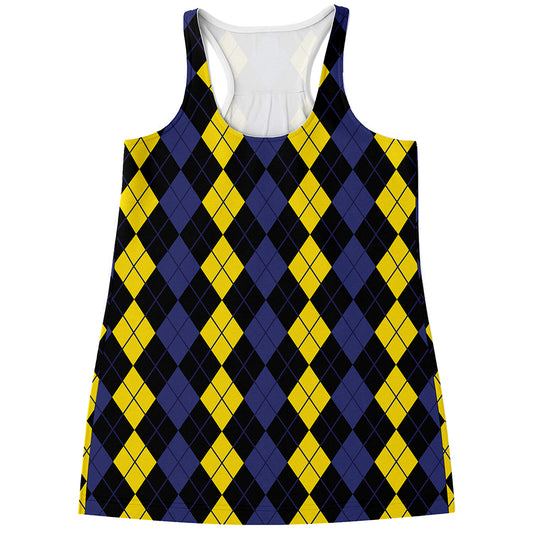 Yellow Black And Blue Argyle Print Women's Racerback Tank Top