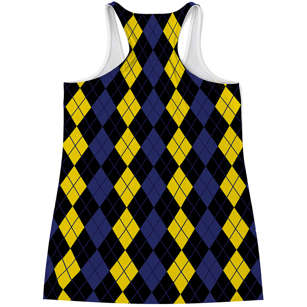 Yellow Black And Blue Argyle Print Women's Racerback Tank Top