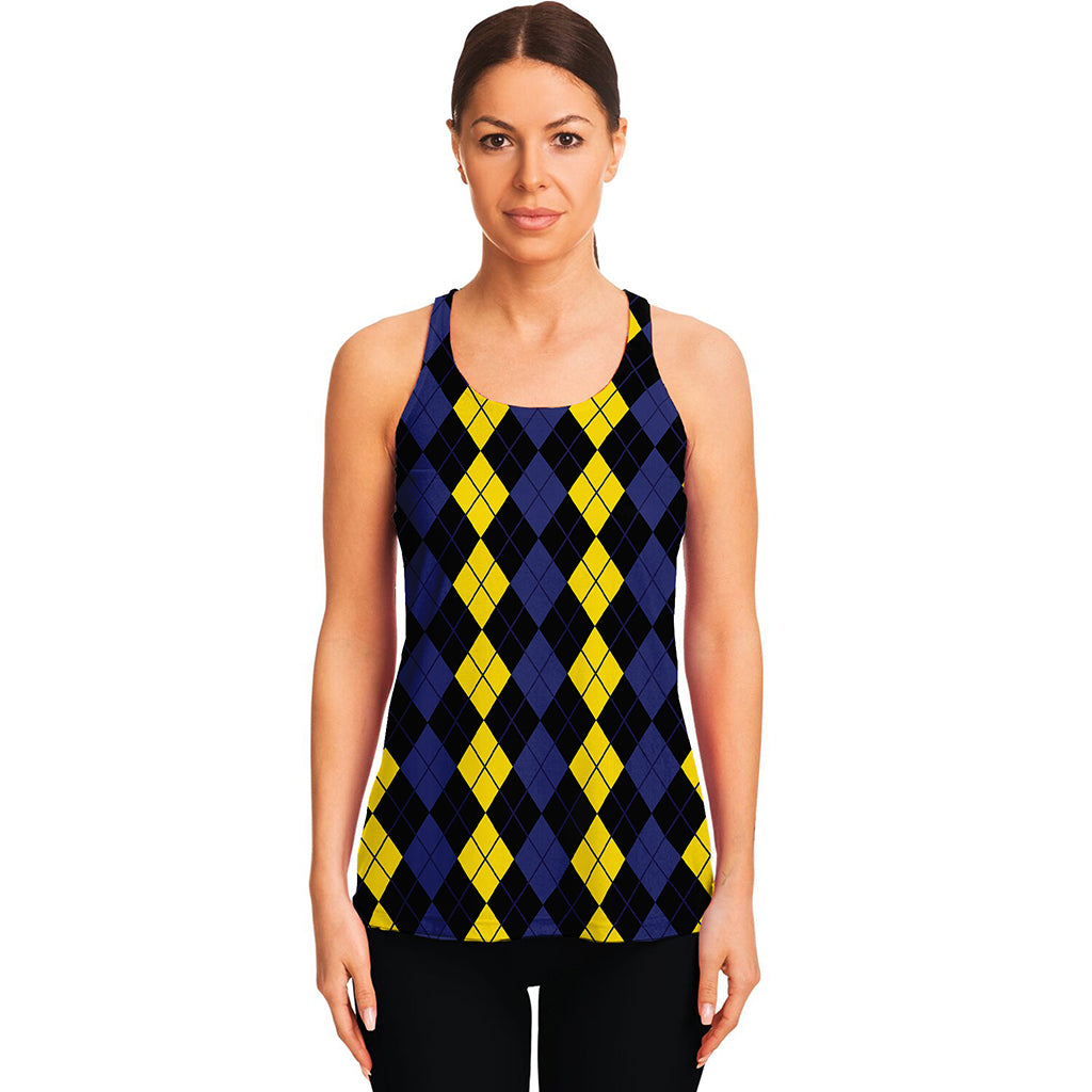 Yellow Black And Blue Argyle Print Women's Racerback Tank Top