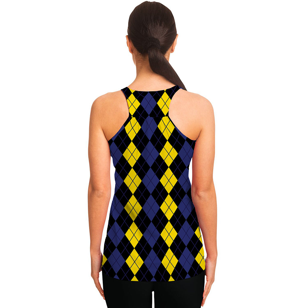 Yellow Black And Blue Argyle Print Women's Racerback Tank Top