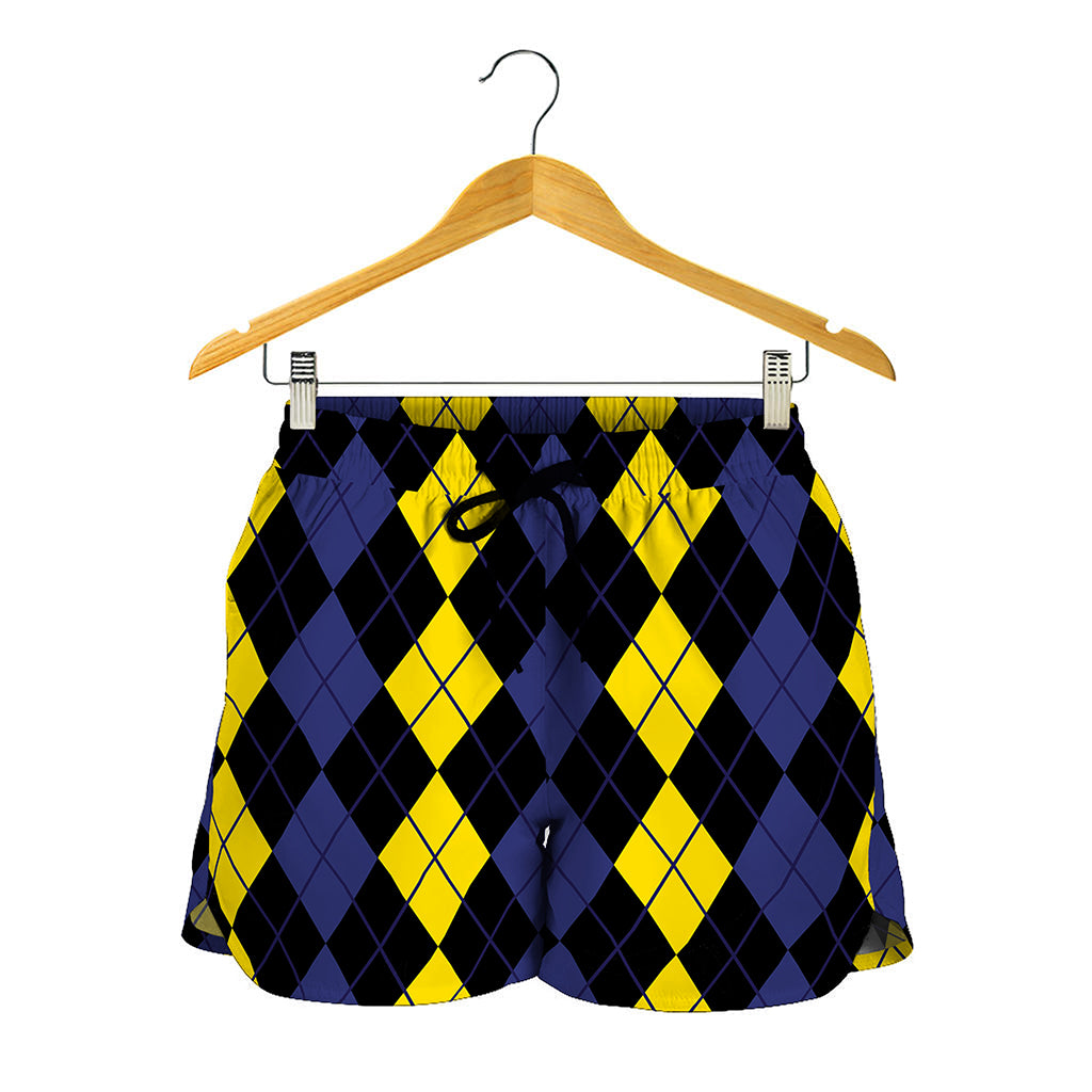 Yellow Black And Blue Argyle Print Women's Shorts
