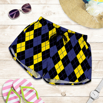 Yellow Black And Blue Argyle Print Women's Shorts