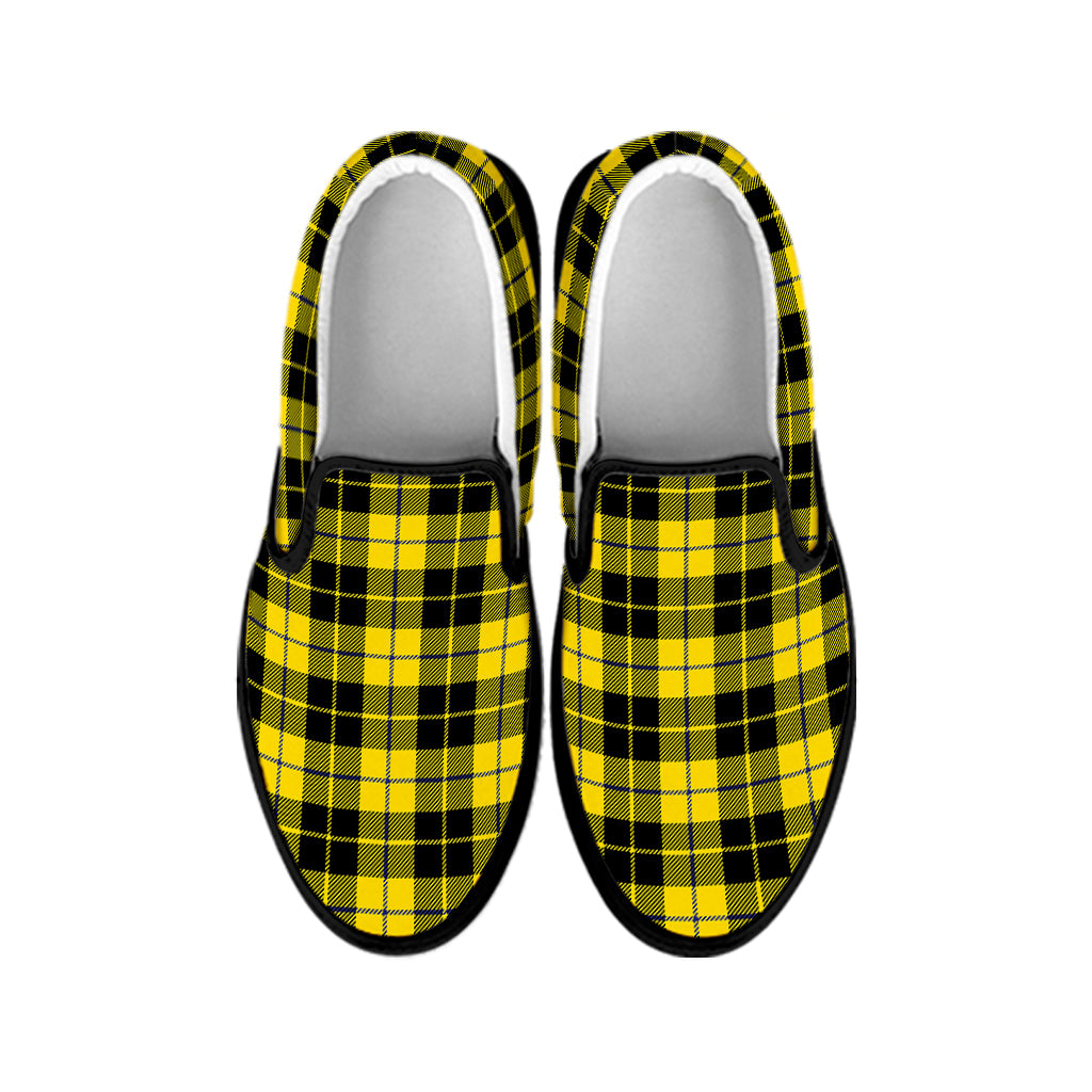 Yellow Black And Blue Tartan Print Black Slip On Shoes