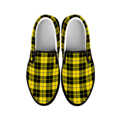 Yellow Black And Blue Tartan Print Black Slip On Shoes