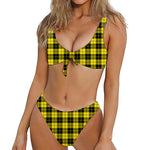Yellow Black And Blue Tartan Print Front Bow Tie Bikini