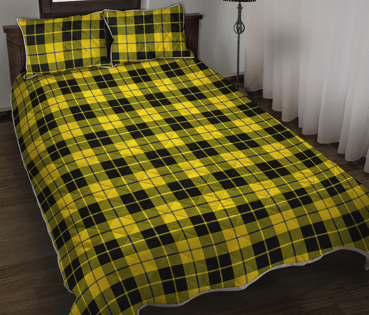 Yellow Black And Blue Tartan Print Quilt Bed Set