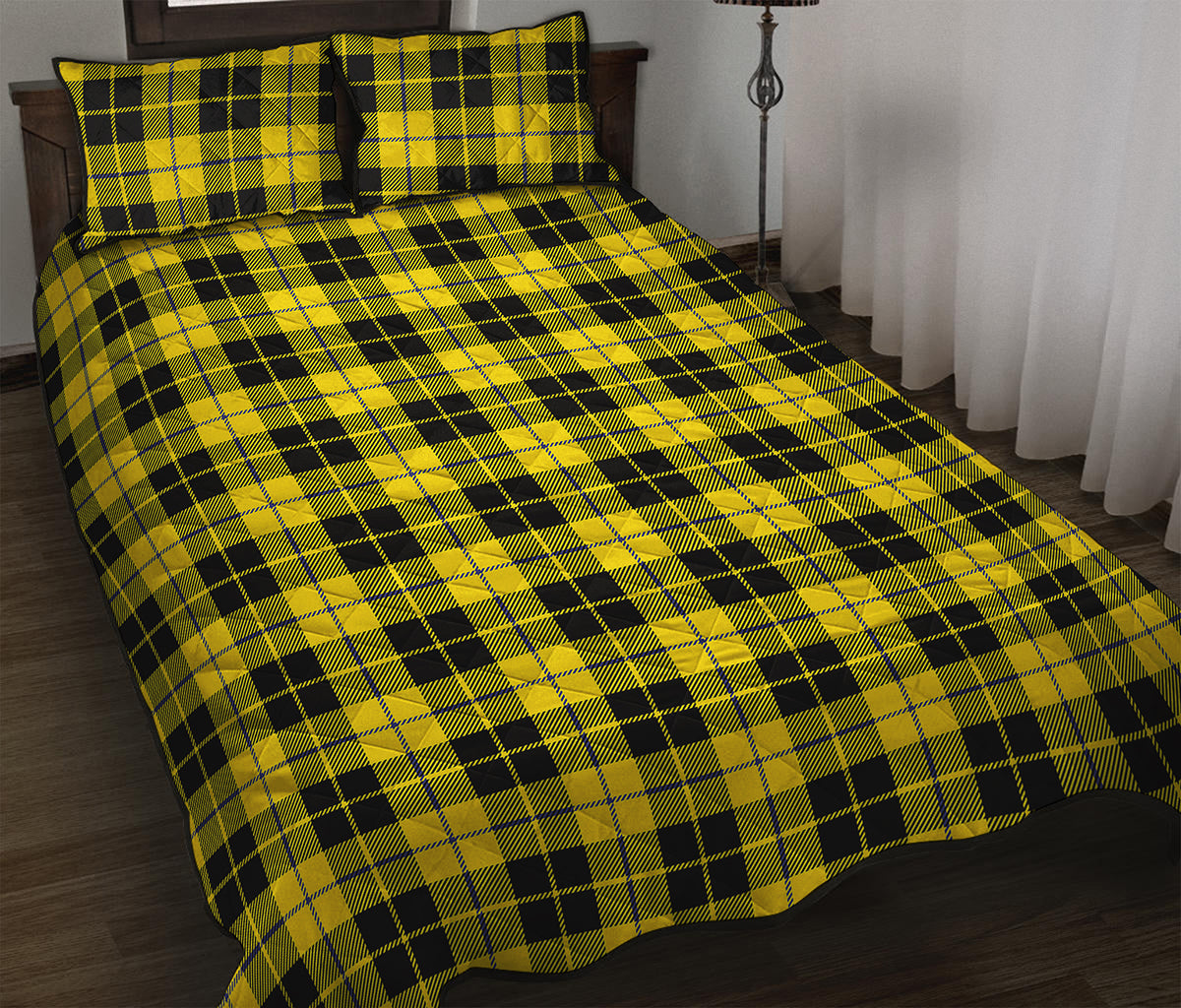 Yellow Black And Blue Tartan Print Quilt Bed Set