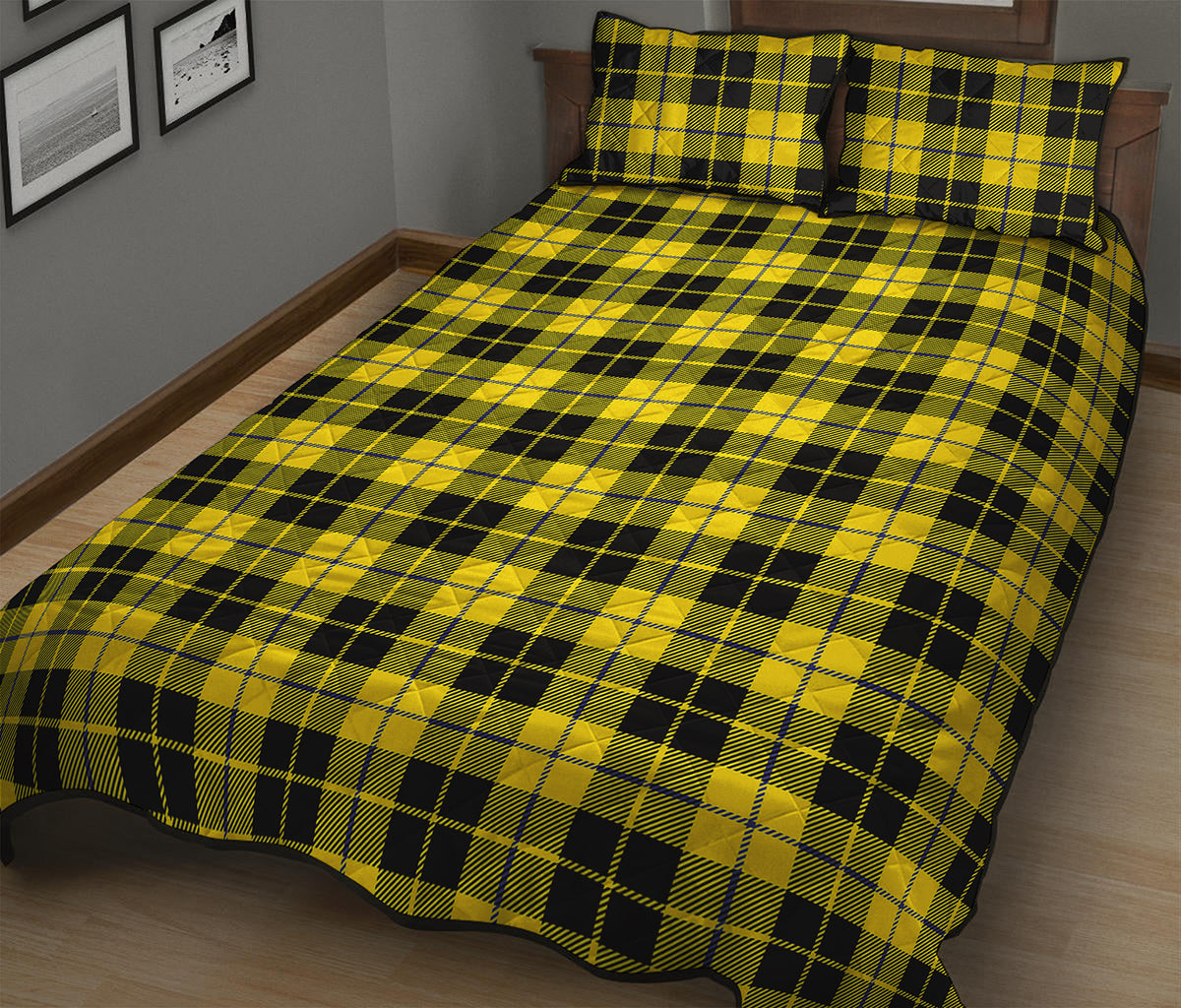 Yellow Black And Blue Tartan Print Quilt Bed Set