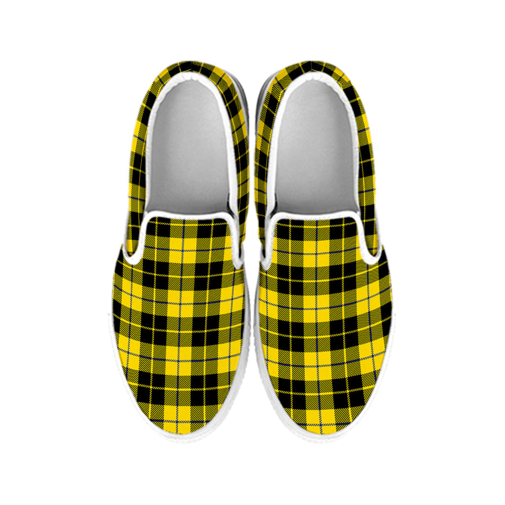 Yellow Black And Blue Tartan Print White Slip On Shoes