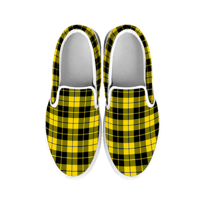 Yellow Black And Blue Tartan Print White Slip On Shoes