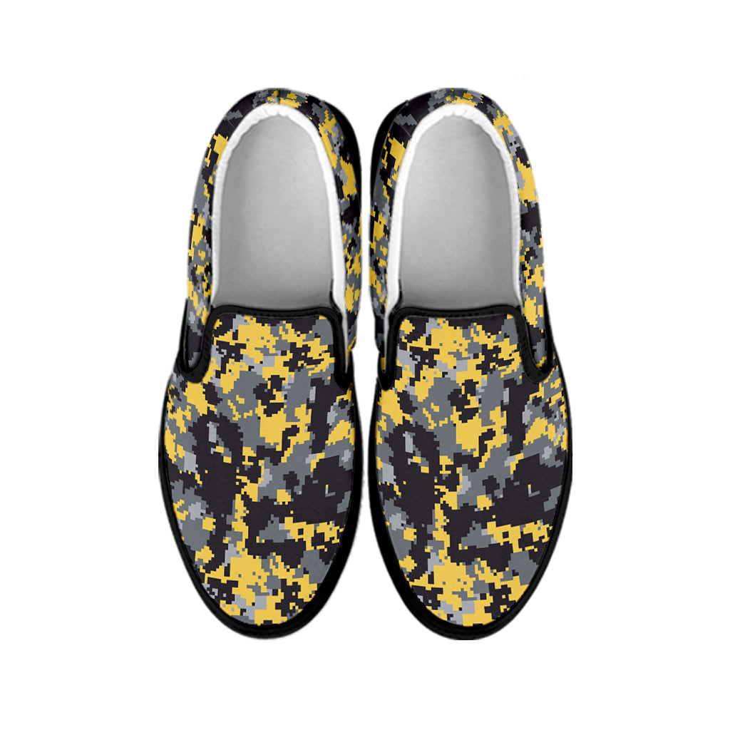 Yellow Black And Grey Digital Camo Print Black Slip On Shoes