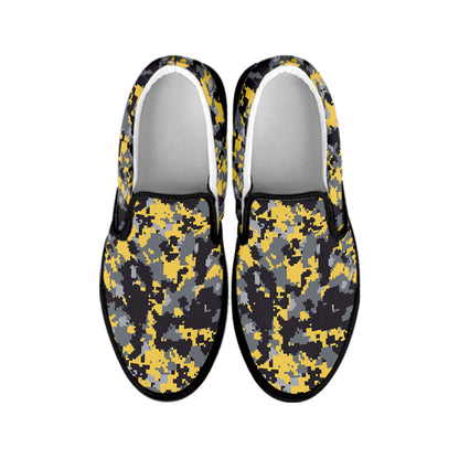 Yellow Black And Grey Digital Camo Print Black Slip On Shoes