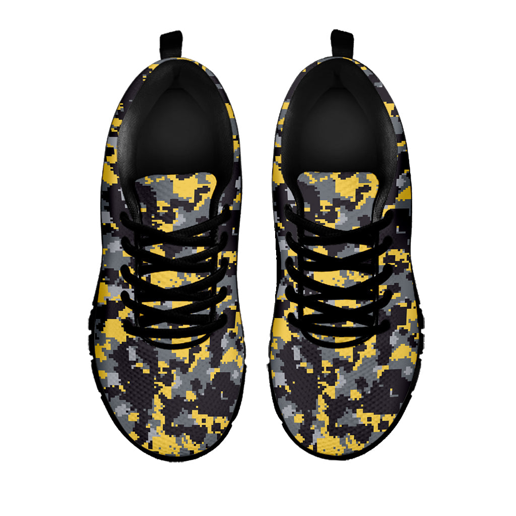 Yellow Black And Grey Digital Camo Print Black Sneakers