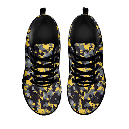 Yellow Black And Grey Digital Camo Print Black Sneakers