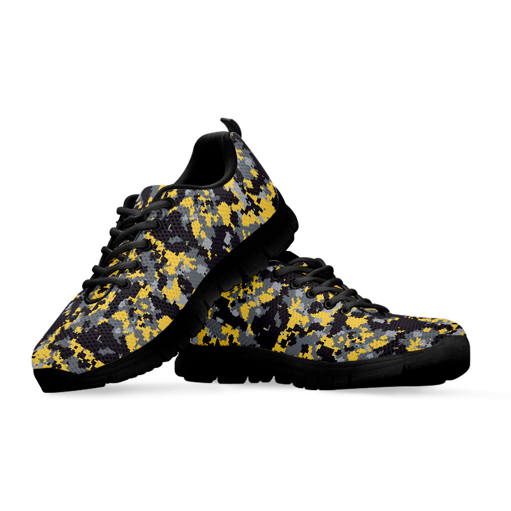 Yellow Black And Grey Digital Camo Print Black Sneakers