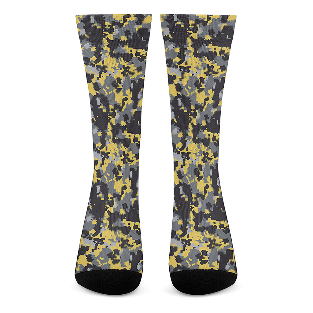 Yellow Black And Grey Digital Camo Print Crew Socks