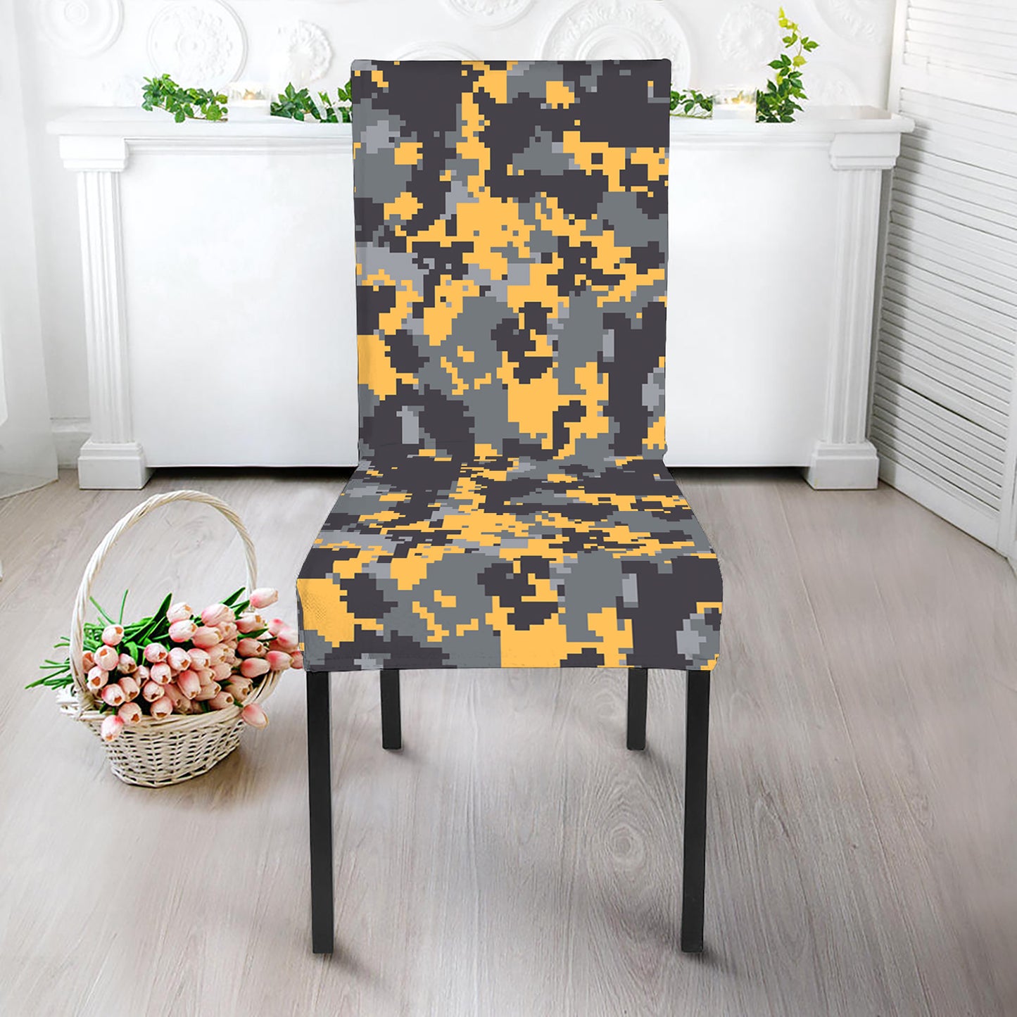 Yellow Black And Grey Digital Camo Print Dining Chair Slipcover