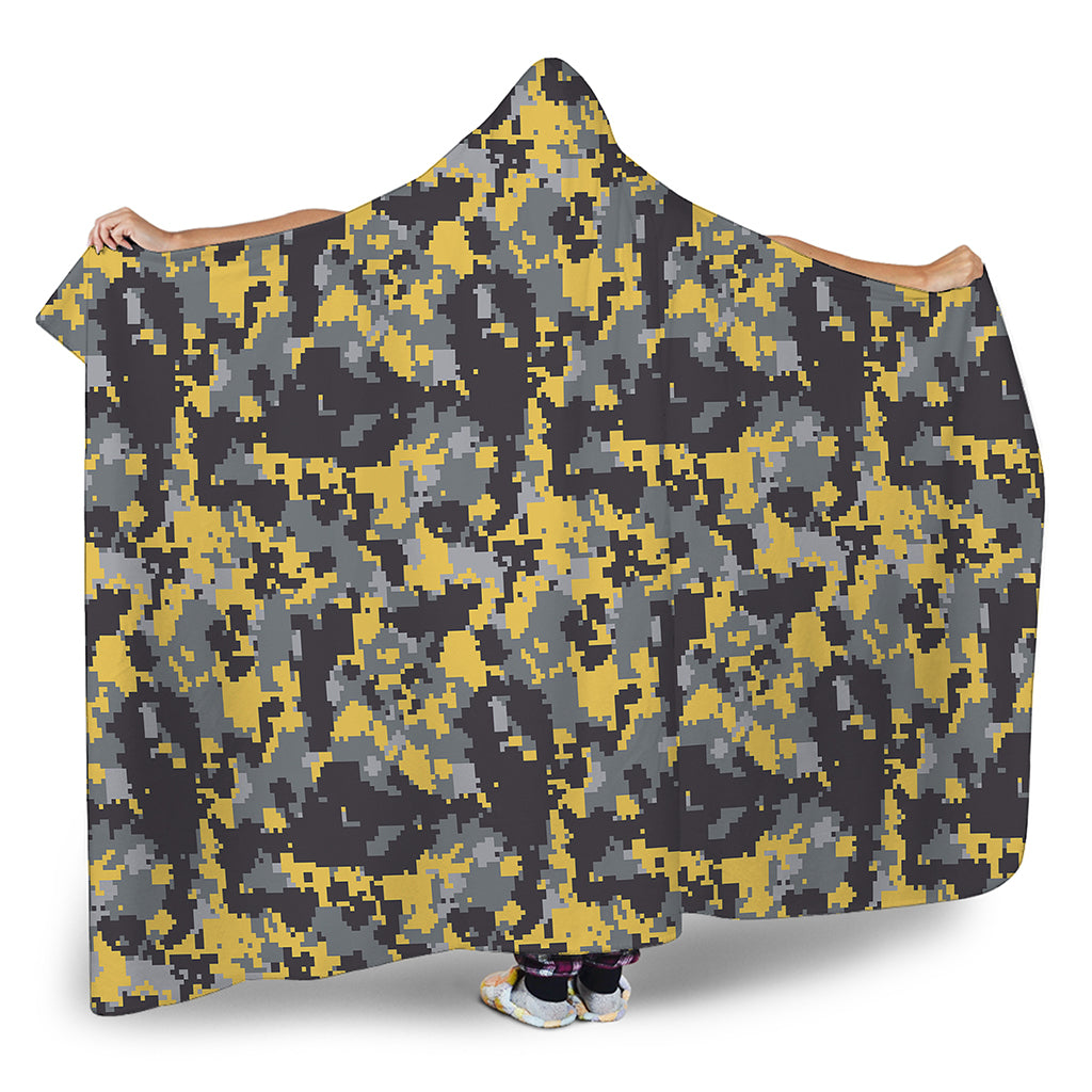 Yellow Black And Grey Digital Camo Print Hooded Blanket
