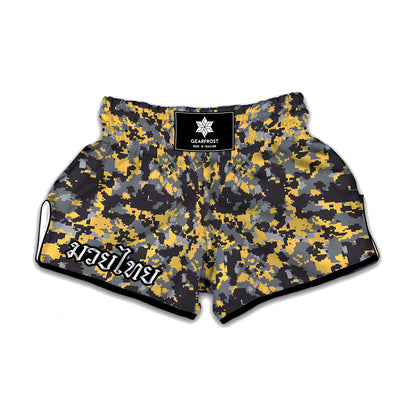 Yellow Black And Grey Digital Camo Print Muay Thai Boxing Shorts