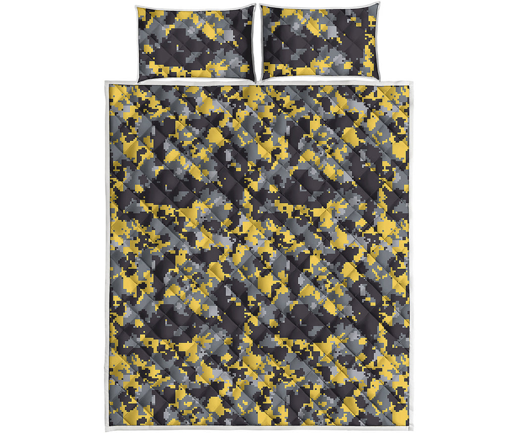 Yellow Black And Grey Digital Camo Print Quilt Bed Set
