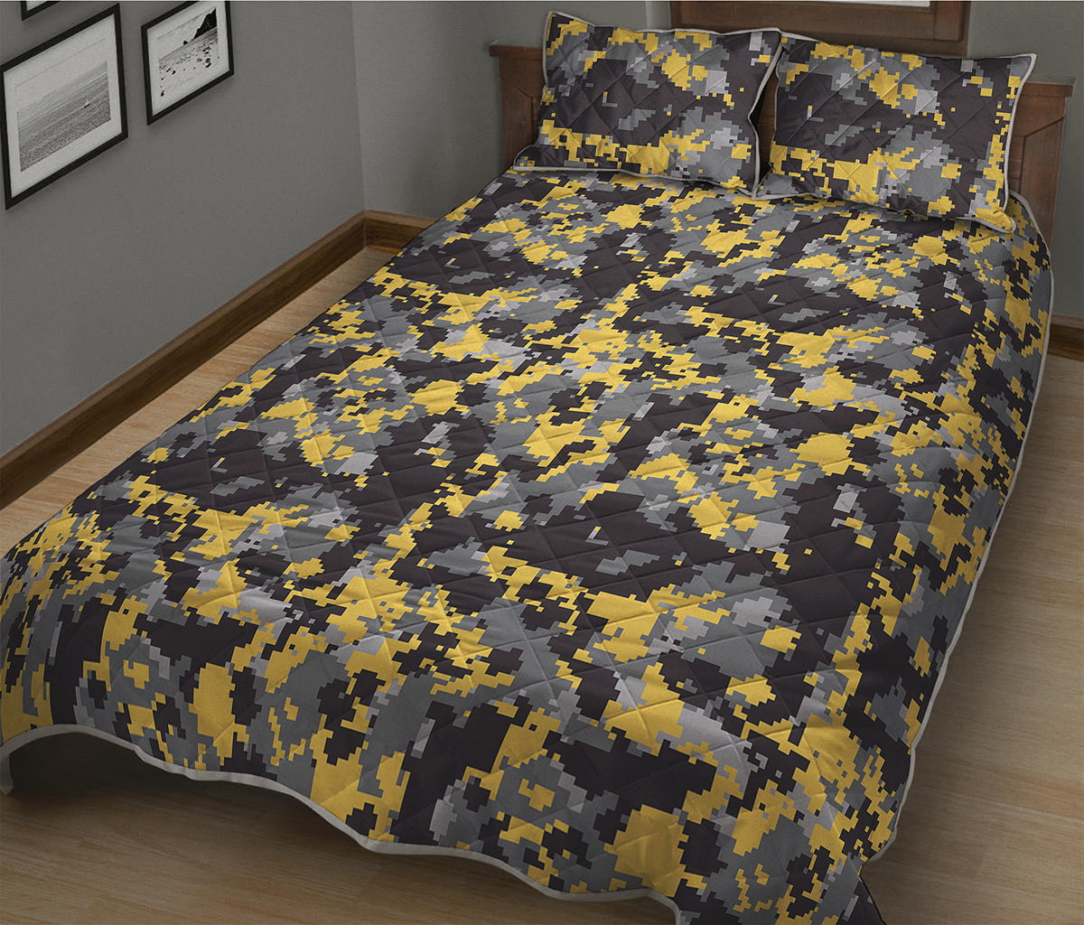 Yellow Black And Grey Digital Camo Print Quilt Bed Set