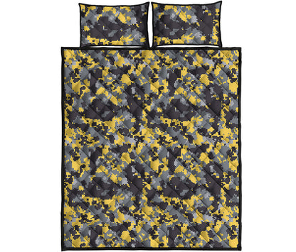Yellow Black And Grey Digital Camo Print Quilt Bed Set