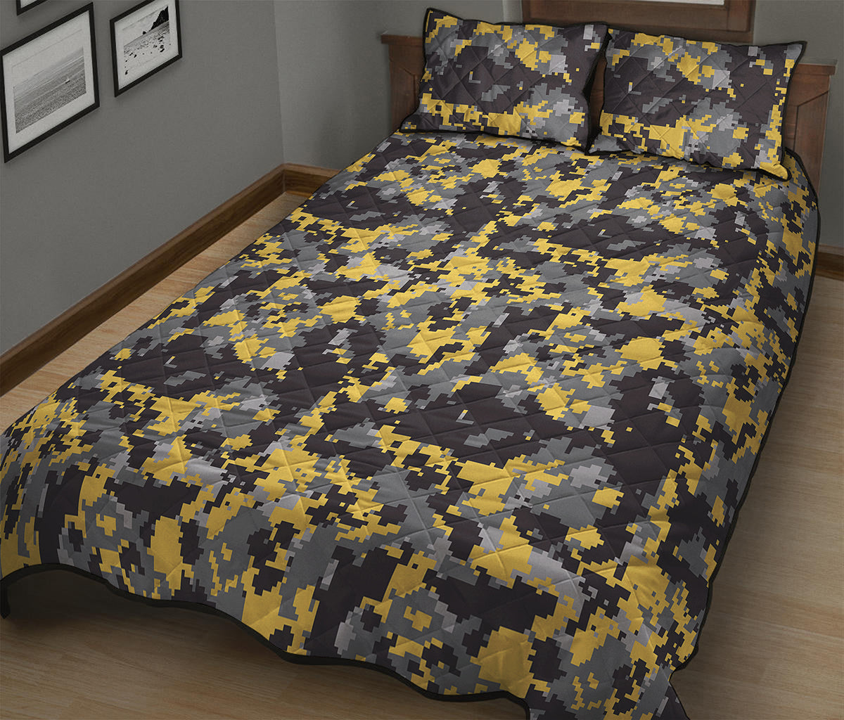 Yellow Black And Grey Digital Camo Print Quilt Bed Set