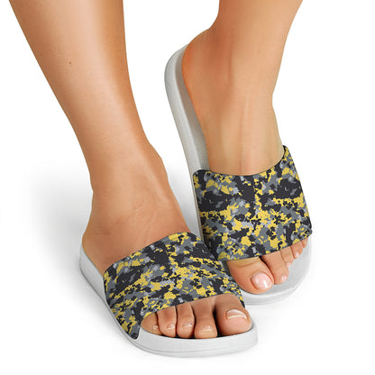 Yellow Black And Grey Digital Camo Print White Slide Sandals