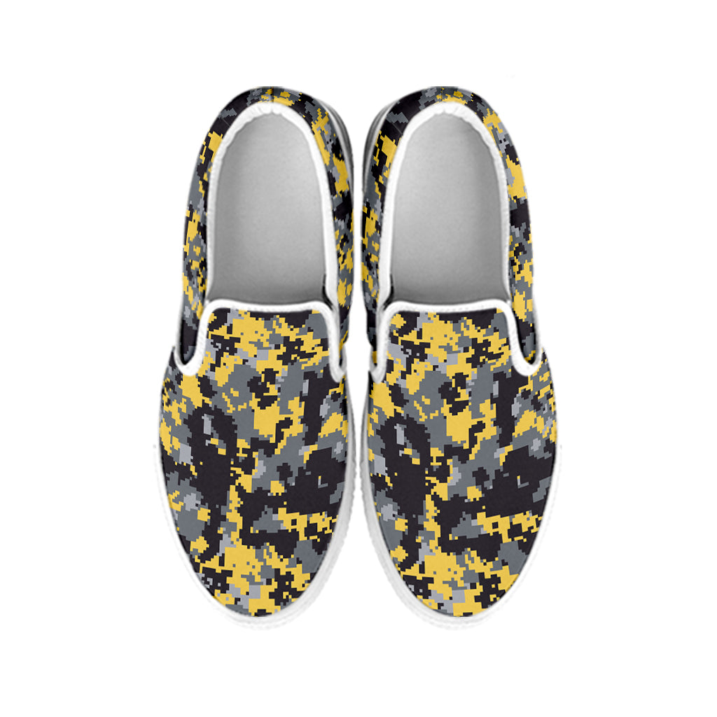 Yellow Black And Grey Digital Camo Print White Slip On Shoes