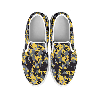 Yellow Black And Grey Digital Camo Print White Slip On Shoes