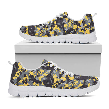 Yellow Black And Grey Digital Camo Print White Sneakers