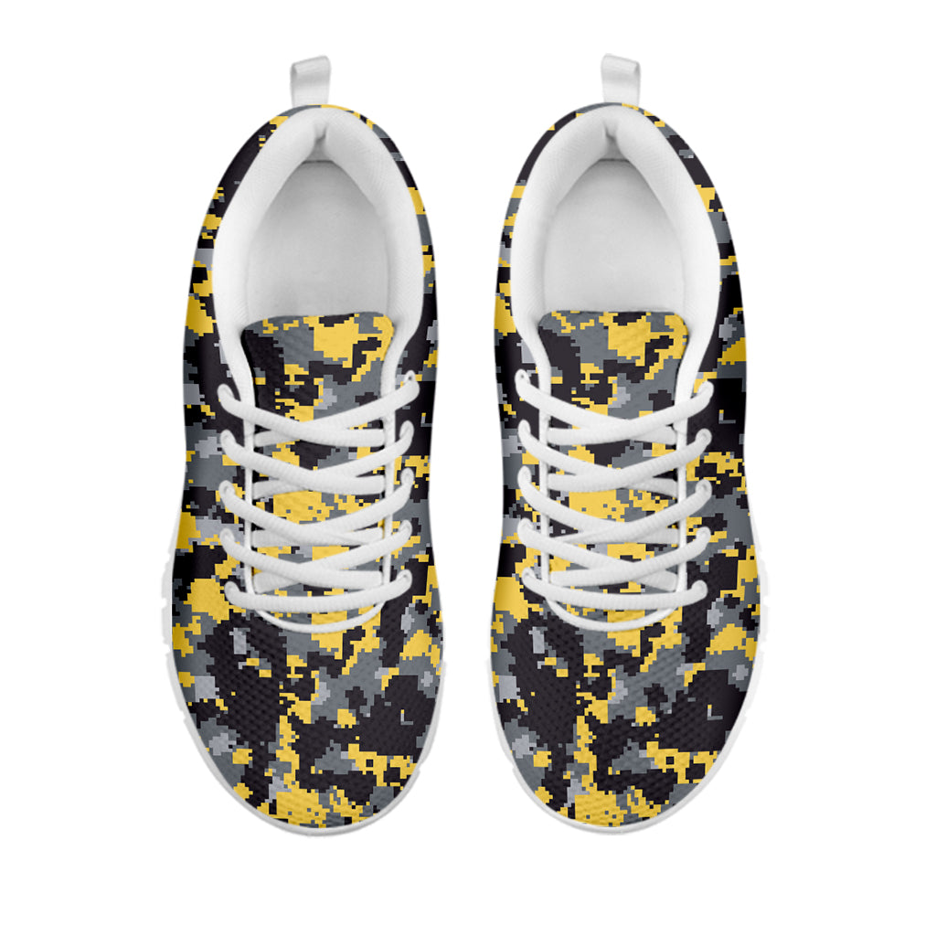 Yellow Black And Grey Digital Camo Print White Sneakers