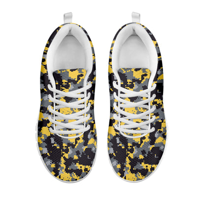 Yellow Black And Grey Digital Camo Print White Sneakers