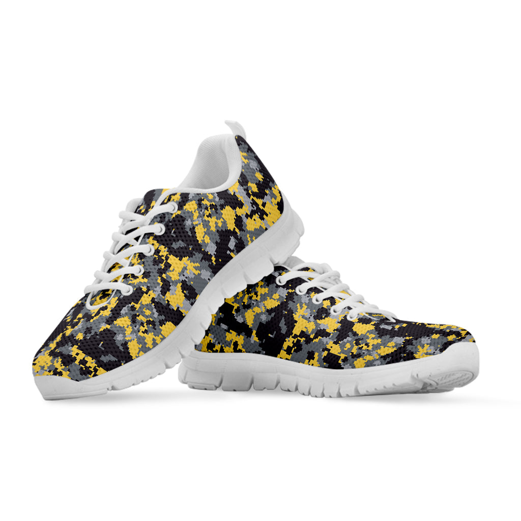 Yellow Black And Grey Digital Camo Print White Sneakers