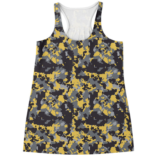 Yellow Black And Grey Digital Camo Print Women's Racerback Tank Top