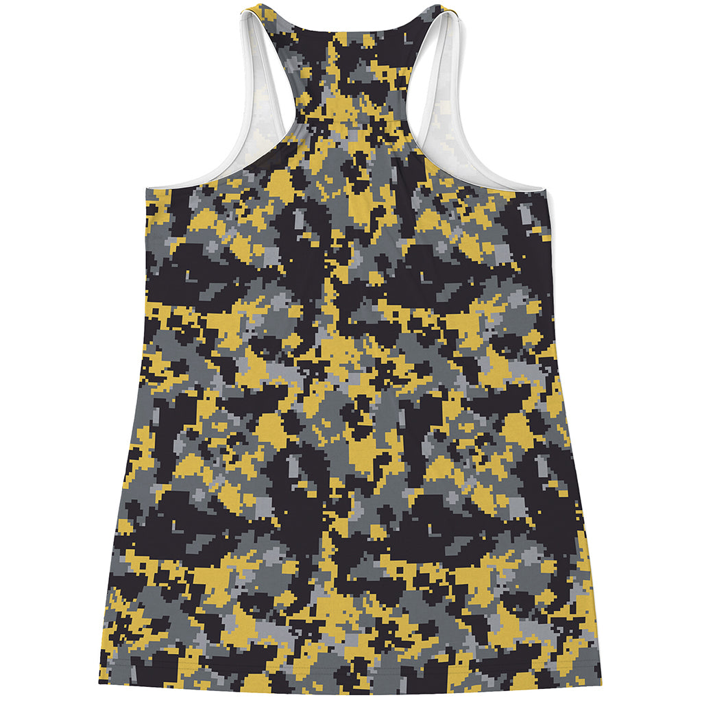 Yellow Black And Grey Digital Camo Print Women's Racerback Tank Top