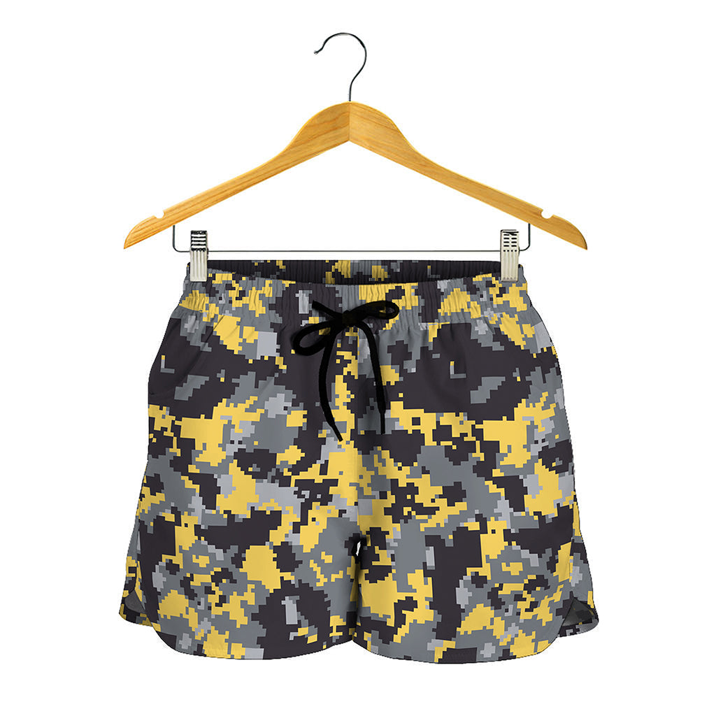 Yellow Black And Grey Digital Camo Print Women's Shorts