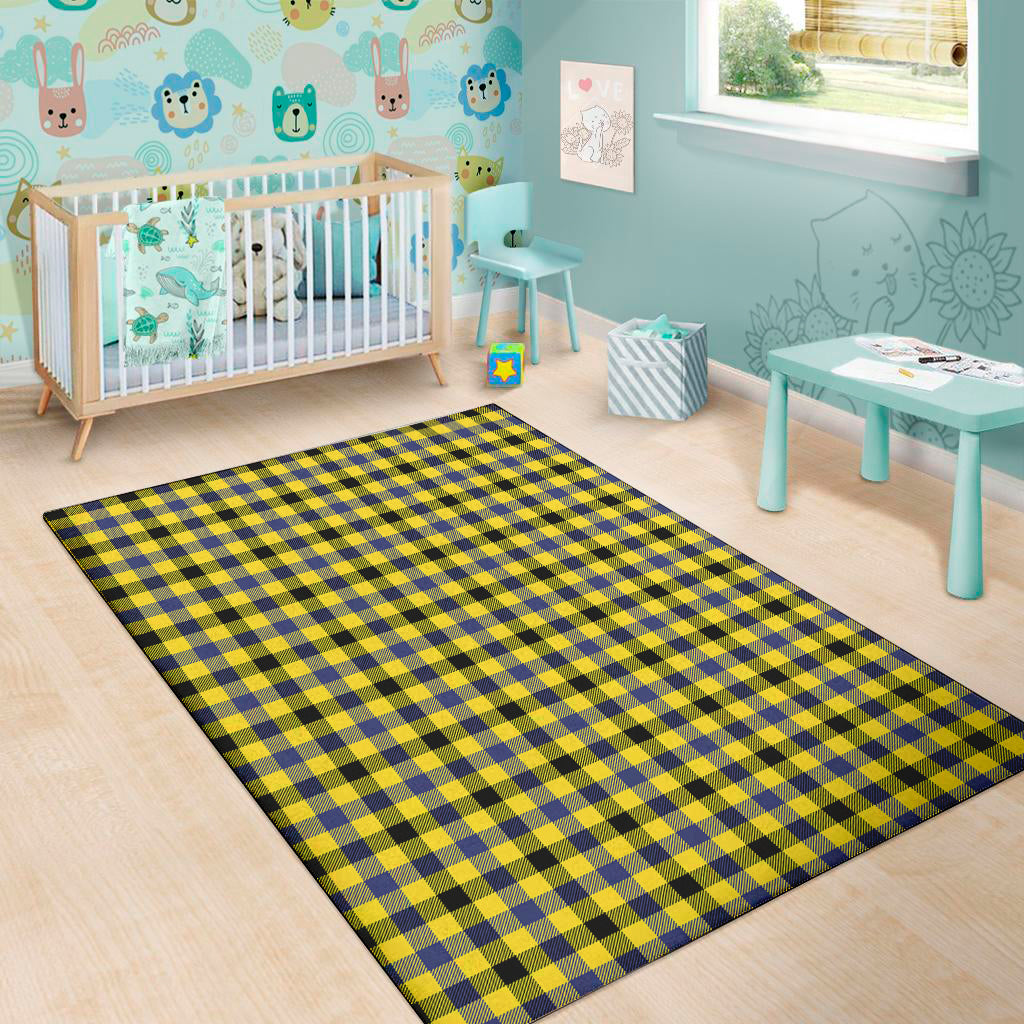 Yellow Black And Navy Plaid Print Area Rug