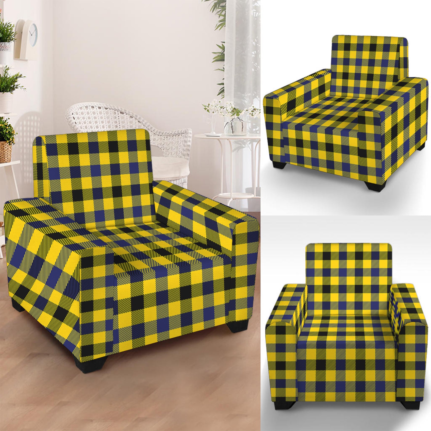 Yellow Black And Navy Plaid Print Armchair Slipcover