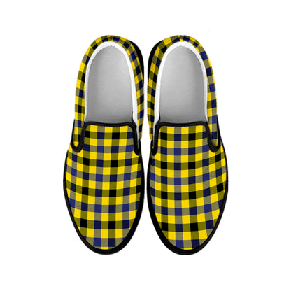 Yellow Black And Navy Plaid Print Black Slip On Shoes