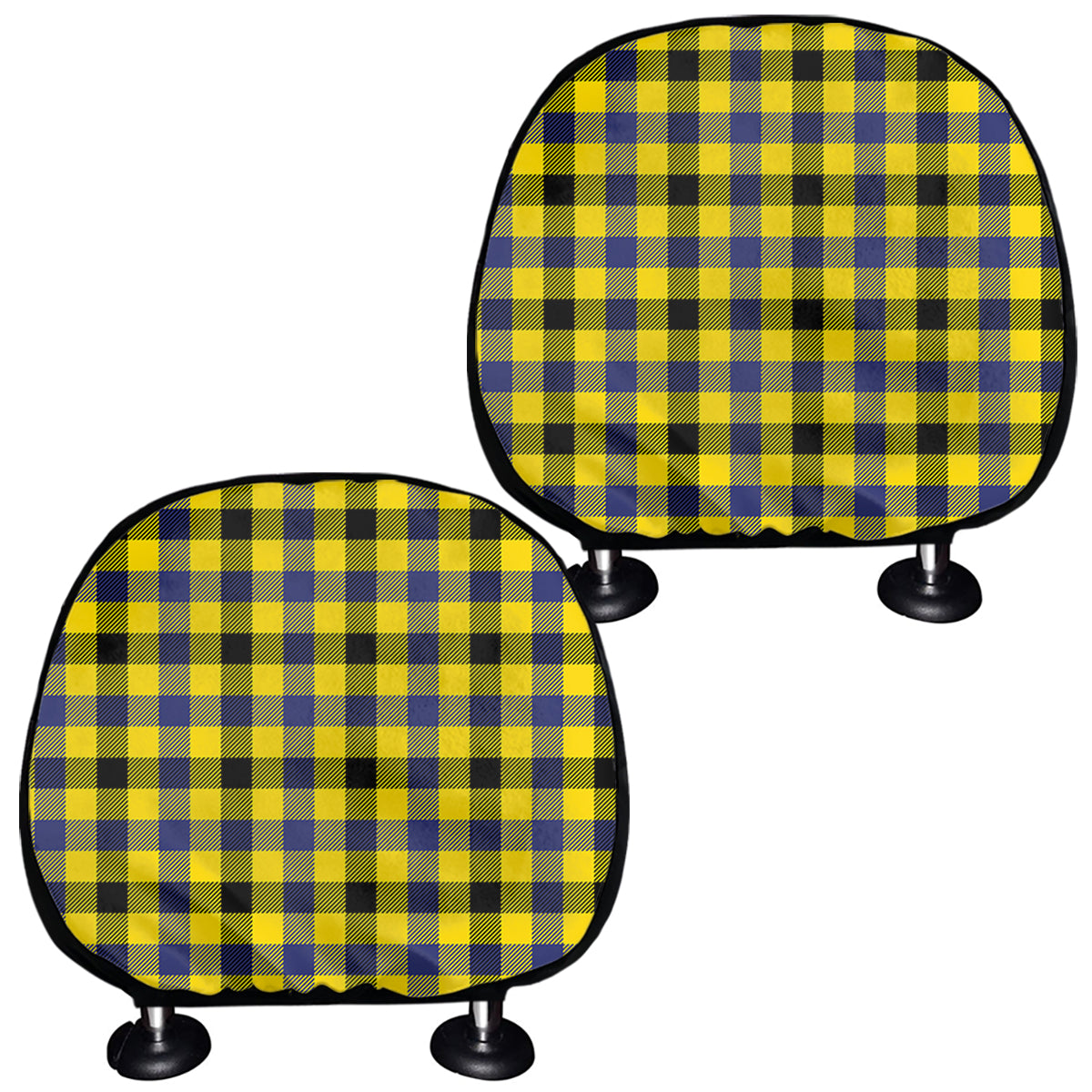 Yellow Black And Navy Plaid Print Car Headrest Covers