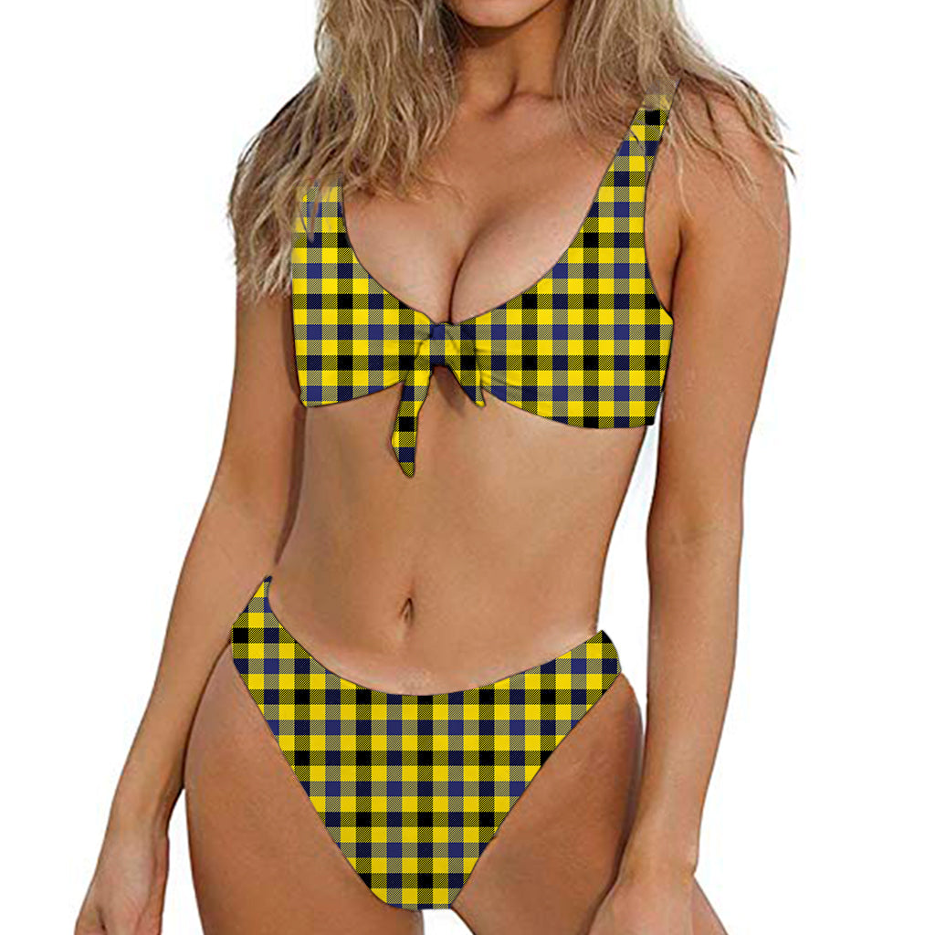 Yellow Black And Navy Plaid Print Front Bow Tie Bikini