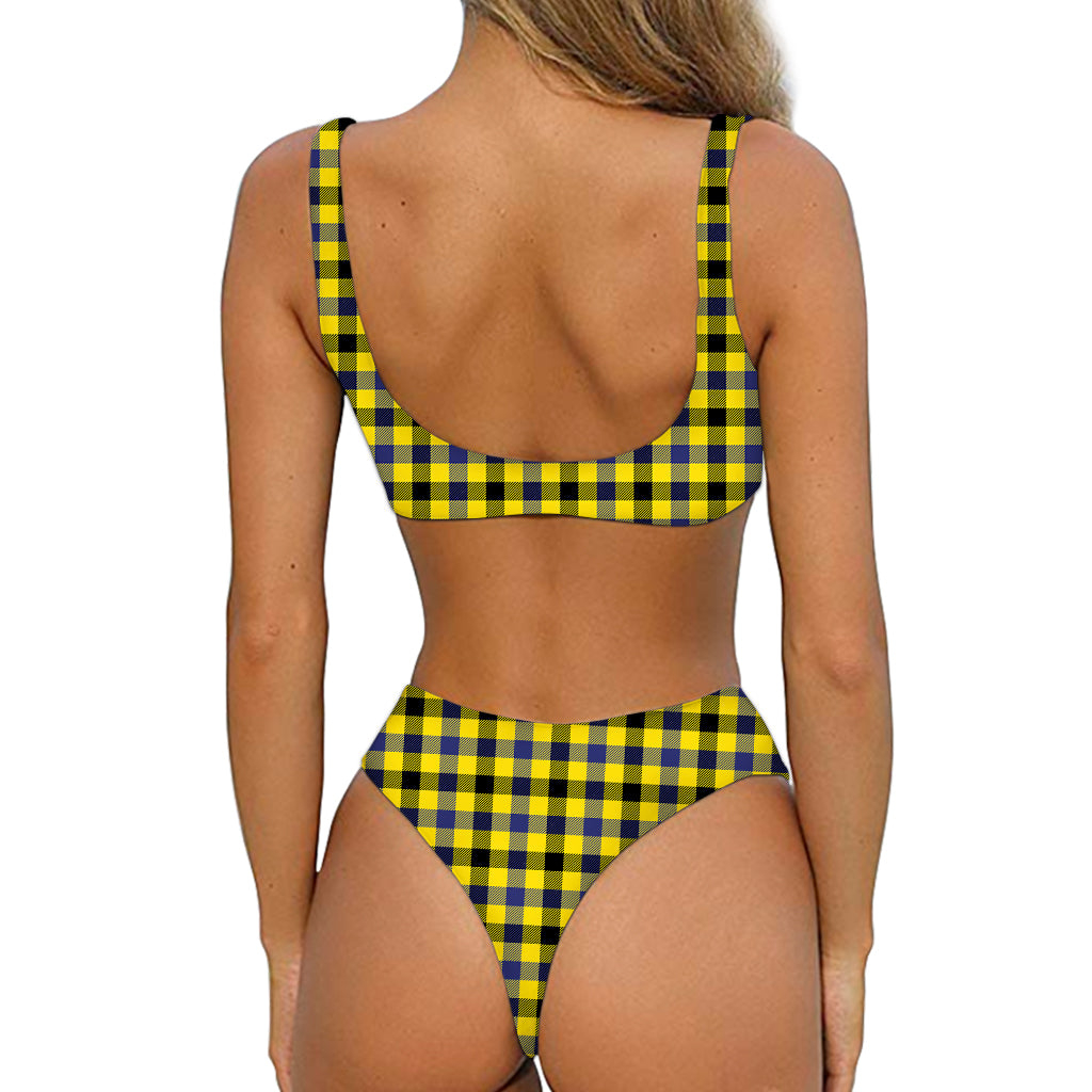 Yellow Black And Navy Plaid Print Front Bow Tie Bikini
