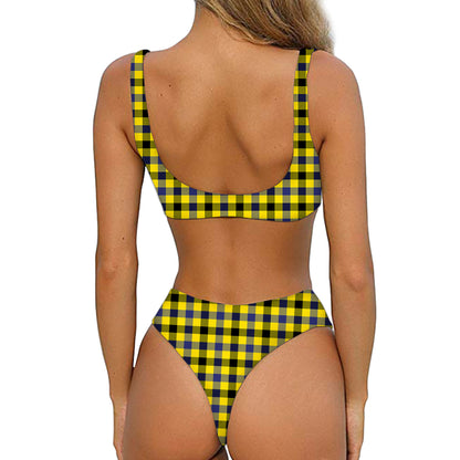 Yellow Black And Navy Plaid Print Front Bow Tie Bikini