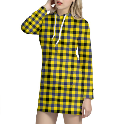 Yellow Black And Navy Plaid Print Hoodie Dress
